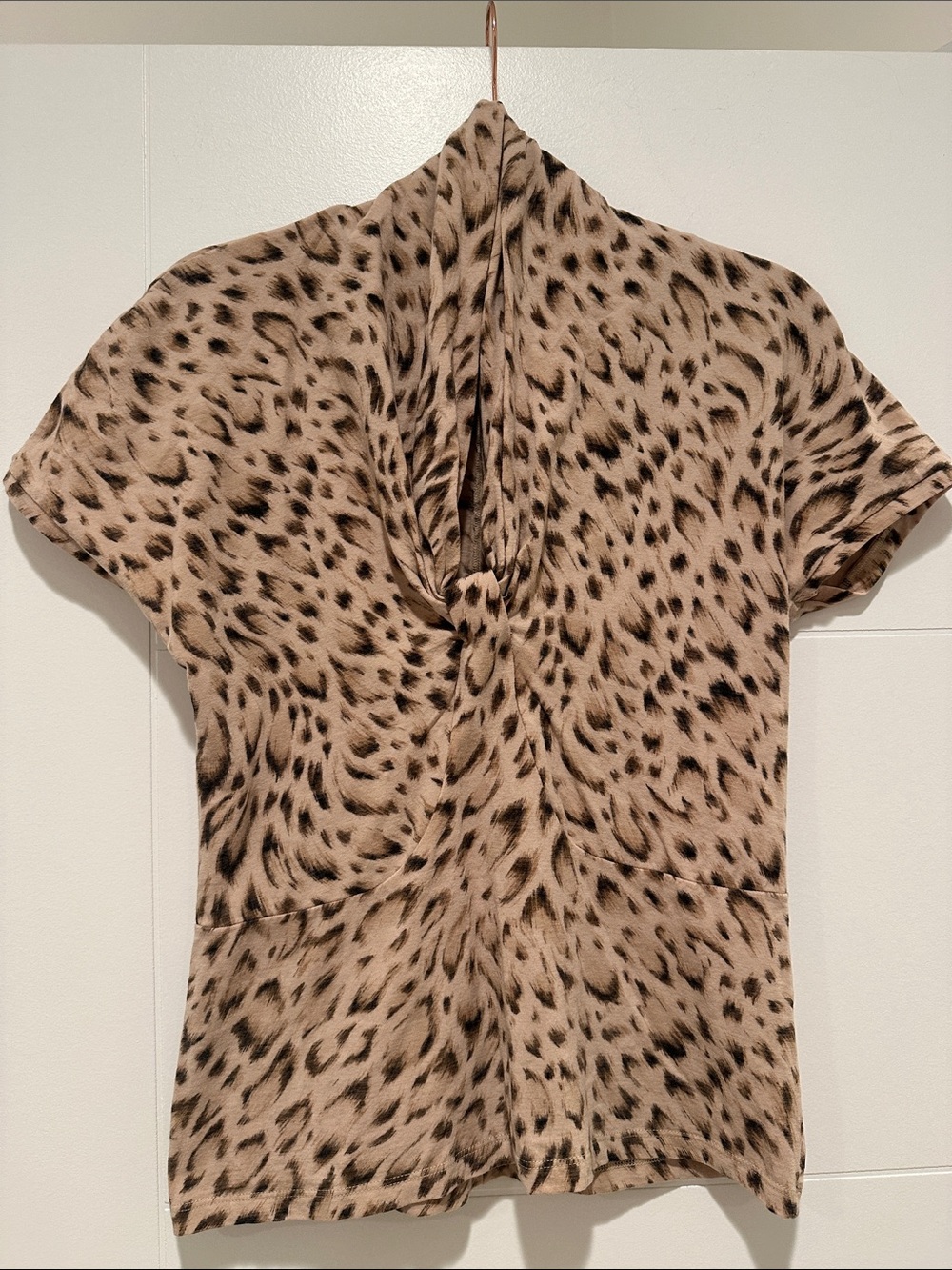 MaxMara Beige and Black Short Sleeve Twist-Front Animal Print Top